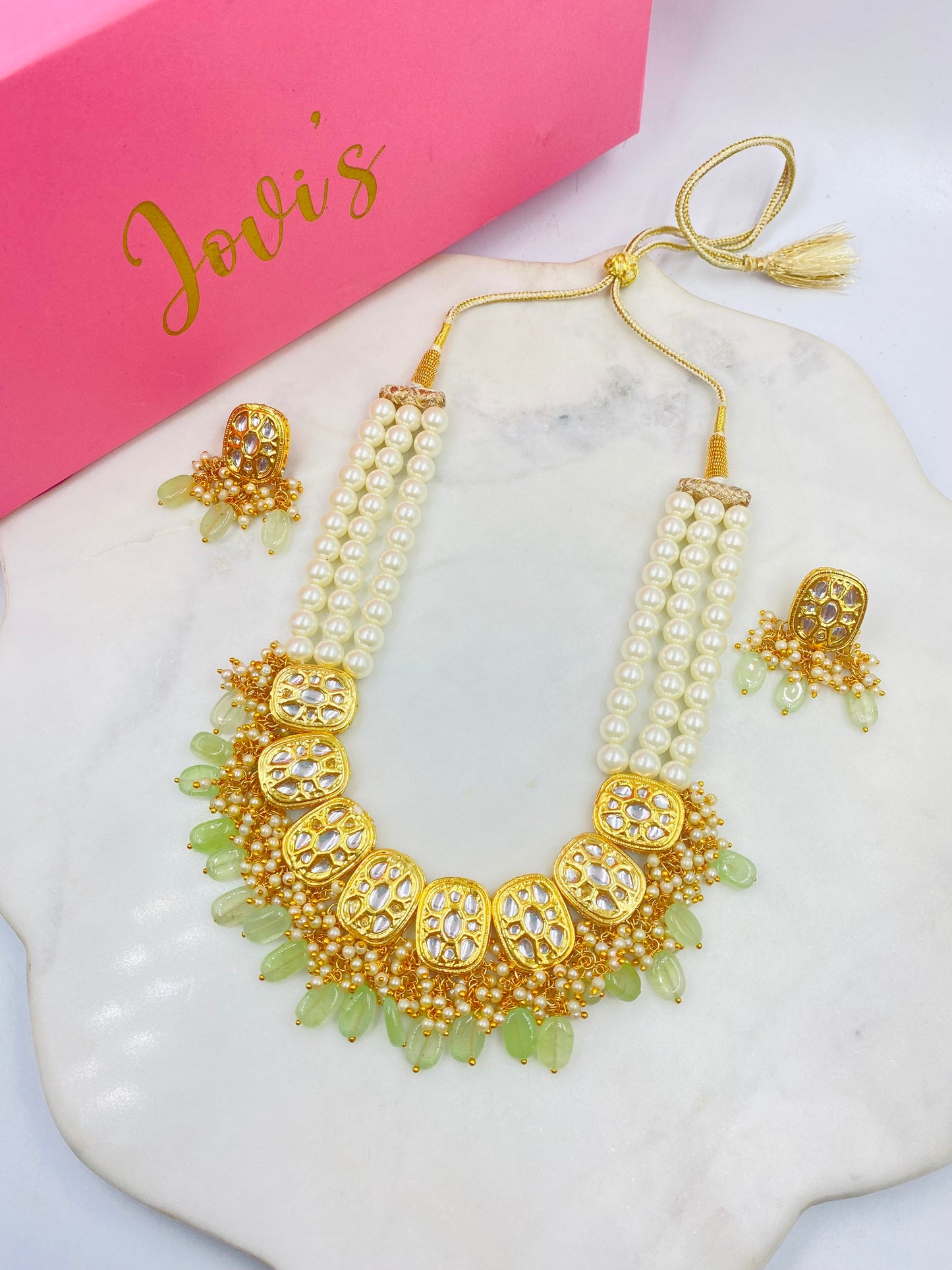 Mint and Pearl Kundan Necklace with Earrings