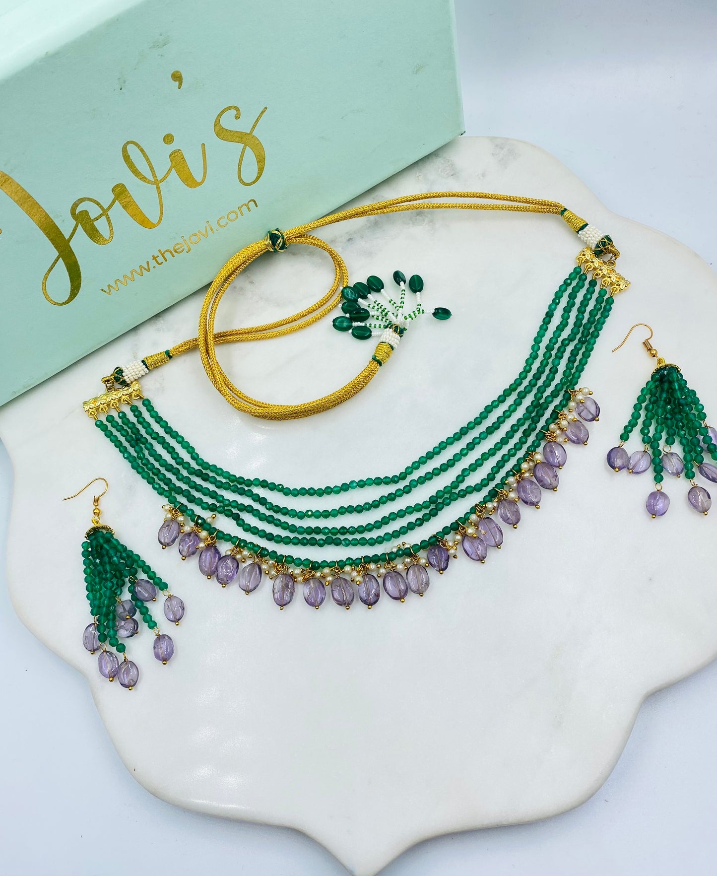 Green Jade and Amethyst Necklace with Earrings