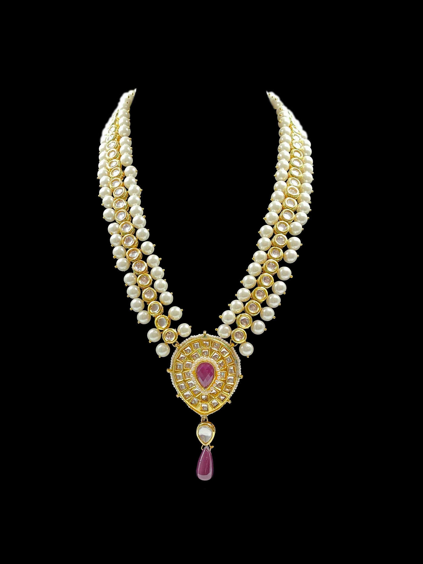 Long Kundan and Pearl Necklace with Earrings