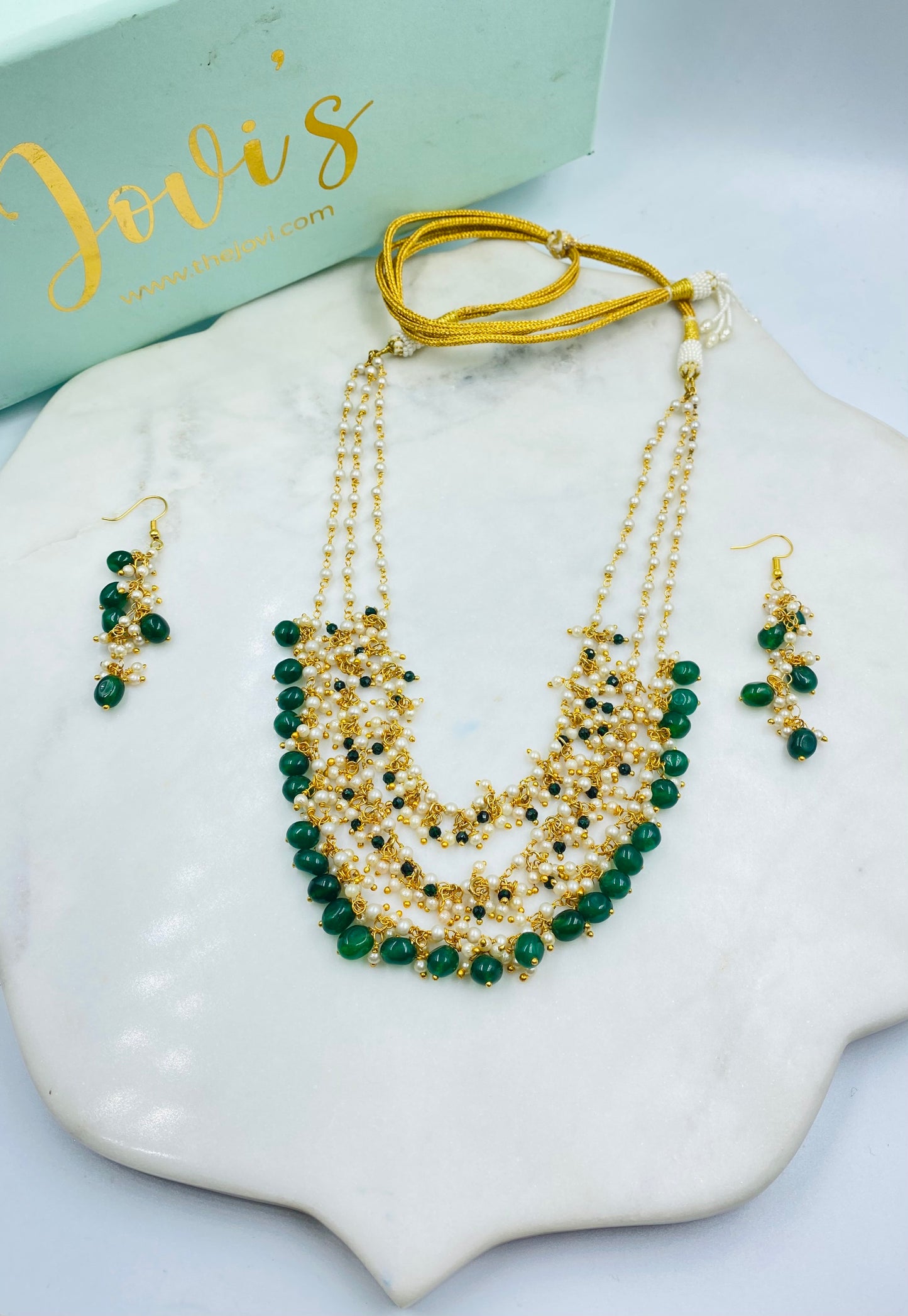 Pearl and Green Quartz Necklace with Earrings