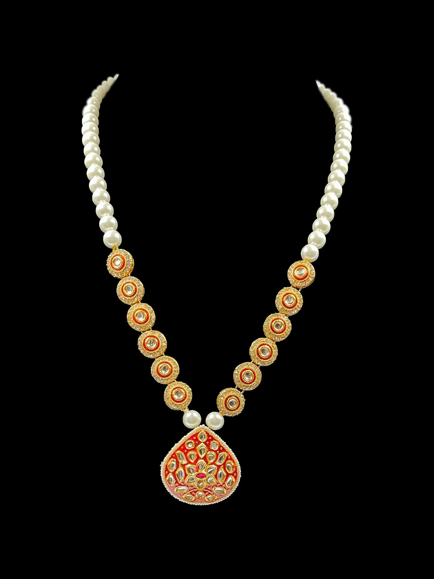 Red Kundan and Pearl Necklace with Earrings