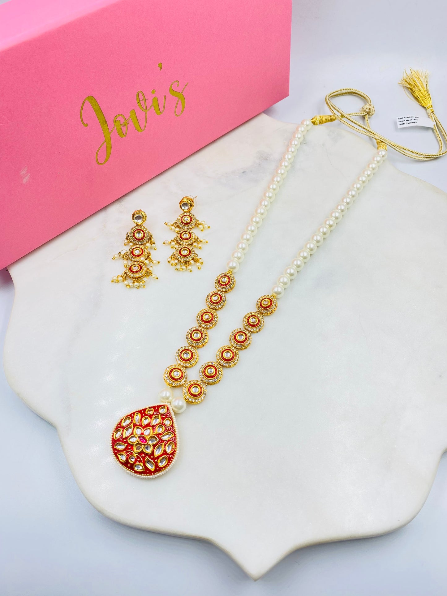 Red Kundan and Pearl Necklace with Earrings