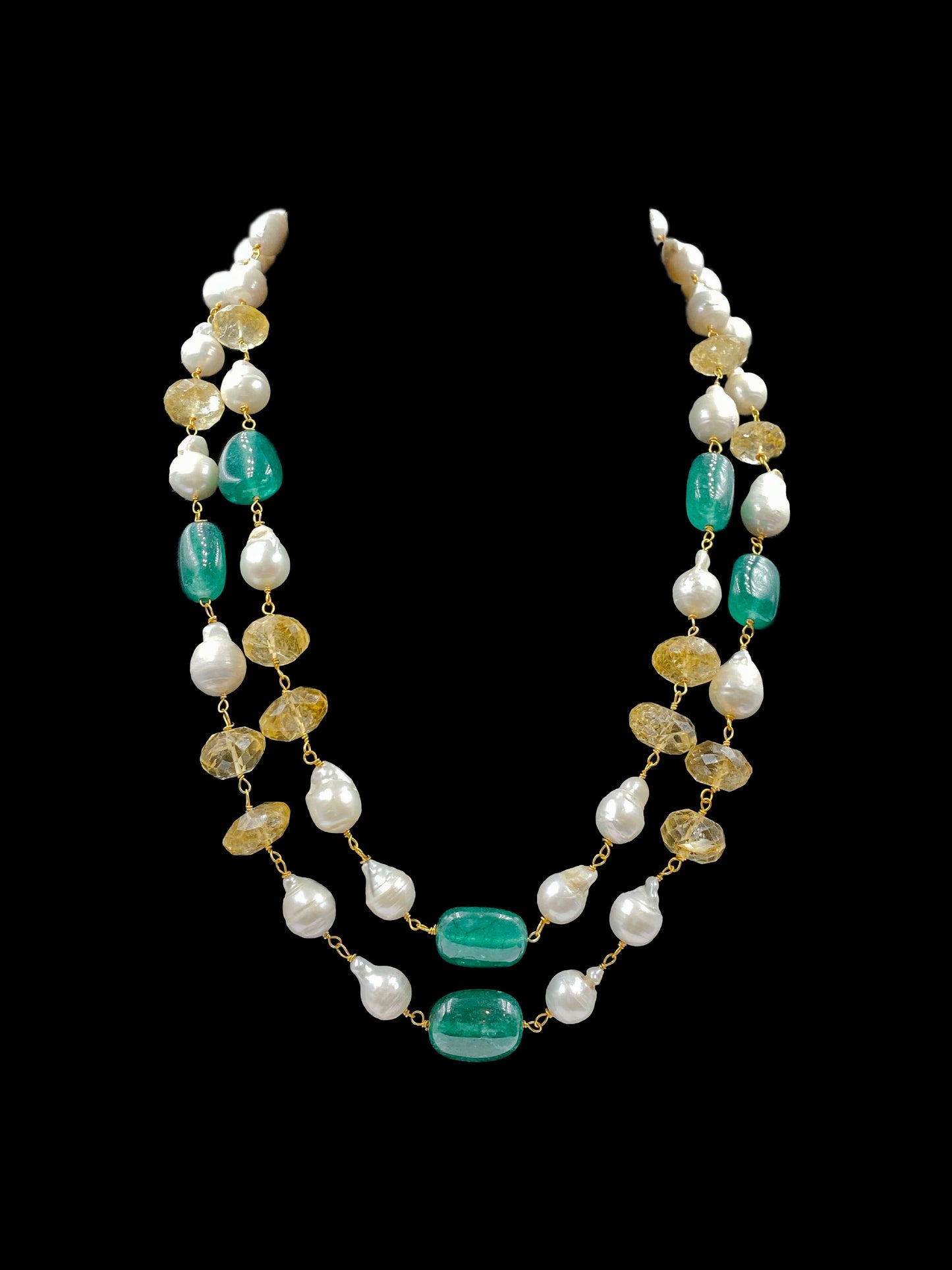 Double Line Topaz, Shell Pearls and Green Jade String