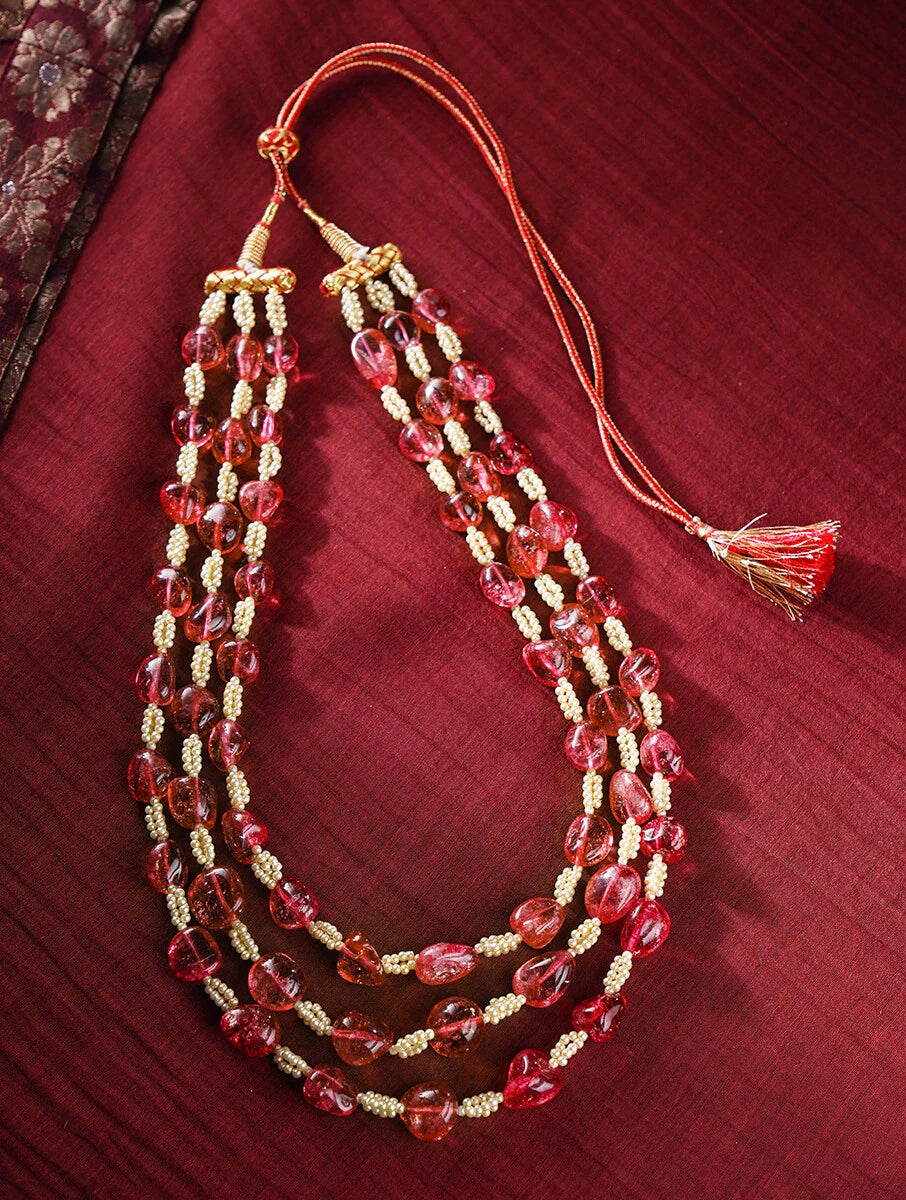 MAROON BEADS AND WHITE SHELL PEARLS TRIPLE LINE NECKLACE