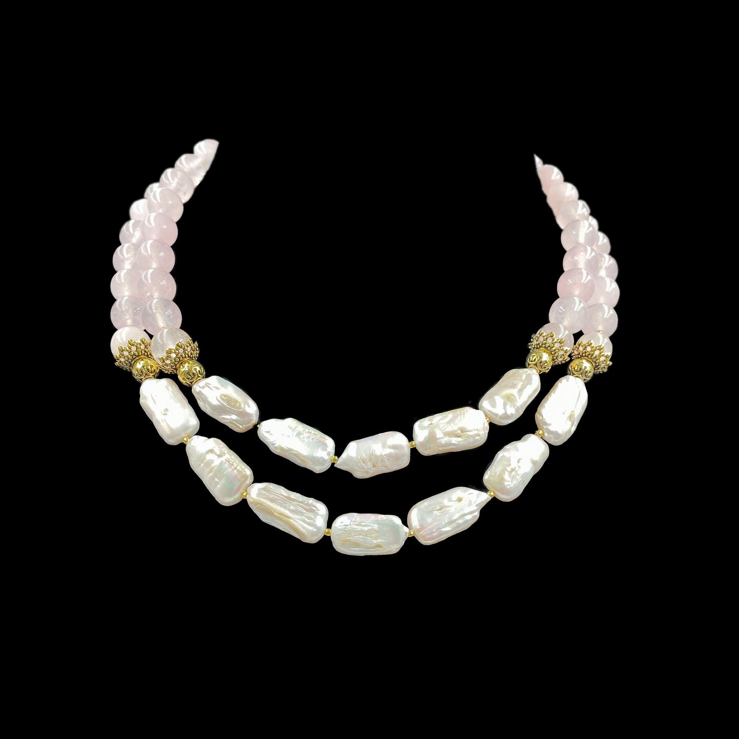 ROSE QUARTZ AND FRESHWATER PEARLS DOUBLE LINE NECKLACE