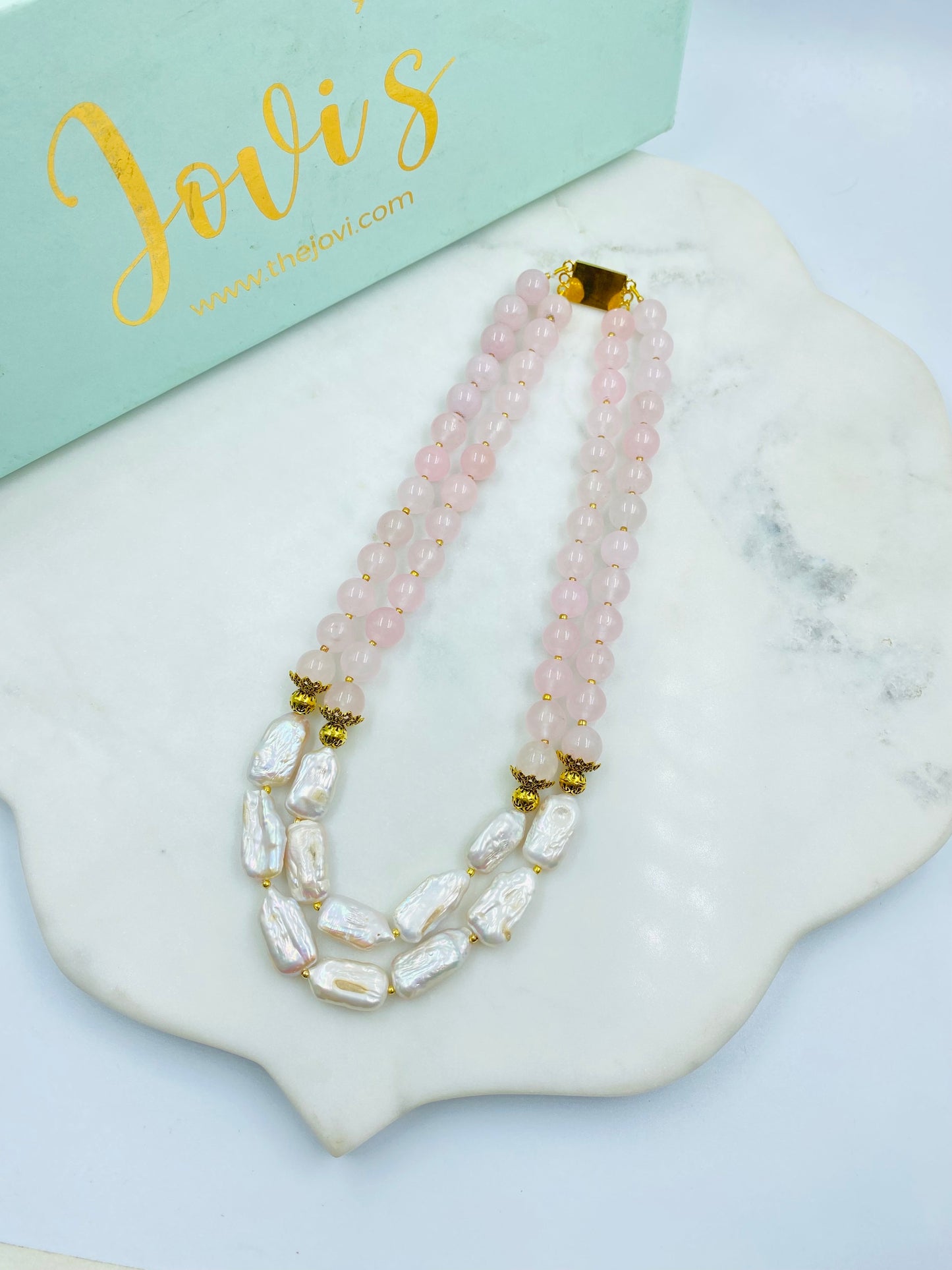 ROSE QUARTZ AND FRESHWATER PEARLS DOUBLE LINE NECKLACE