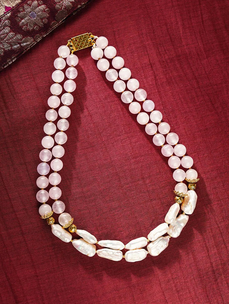 ROSE QUARTZ AND FRESHWATER PEARLS DOUBLE LINE NECKLACE