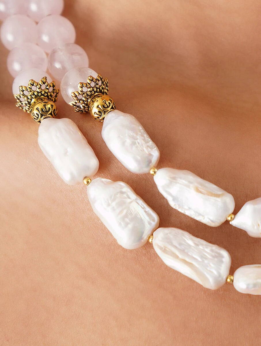 ROSE QUARTZ AND FRESHWATER PEARLS DOUBLE LINE NECKLACE