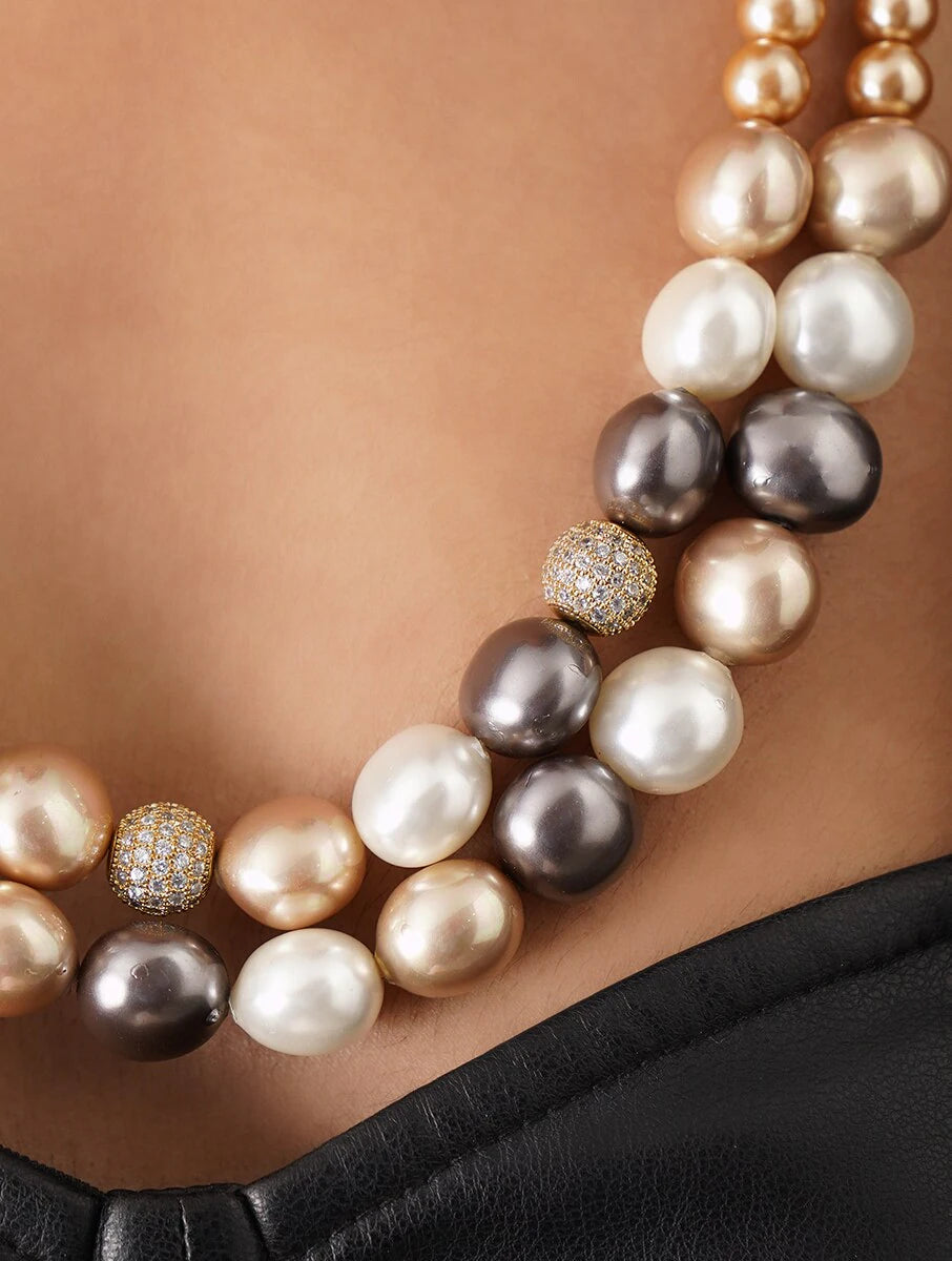 DOUBLE LINE SHELL PEARL WITH SWAROVSKI BEADS NECKLACE