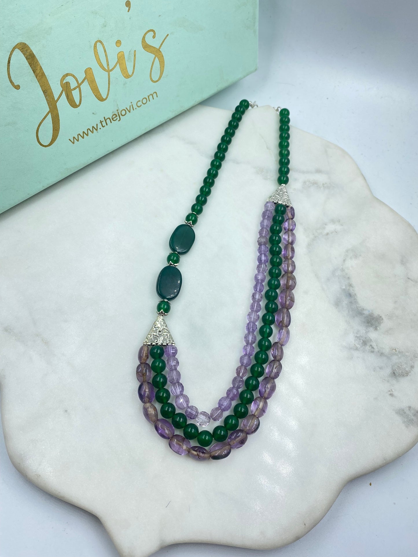 GREEN QUARTZ AND AMETHYST NECKLACE