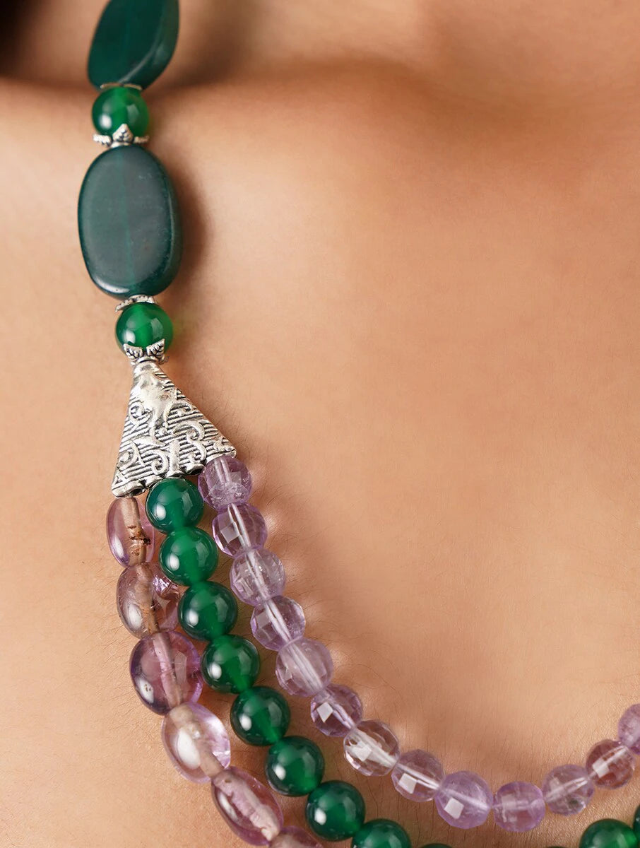 GREEN QUARTZ AND AMETHYST NECKLACE