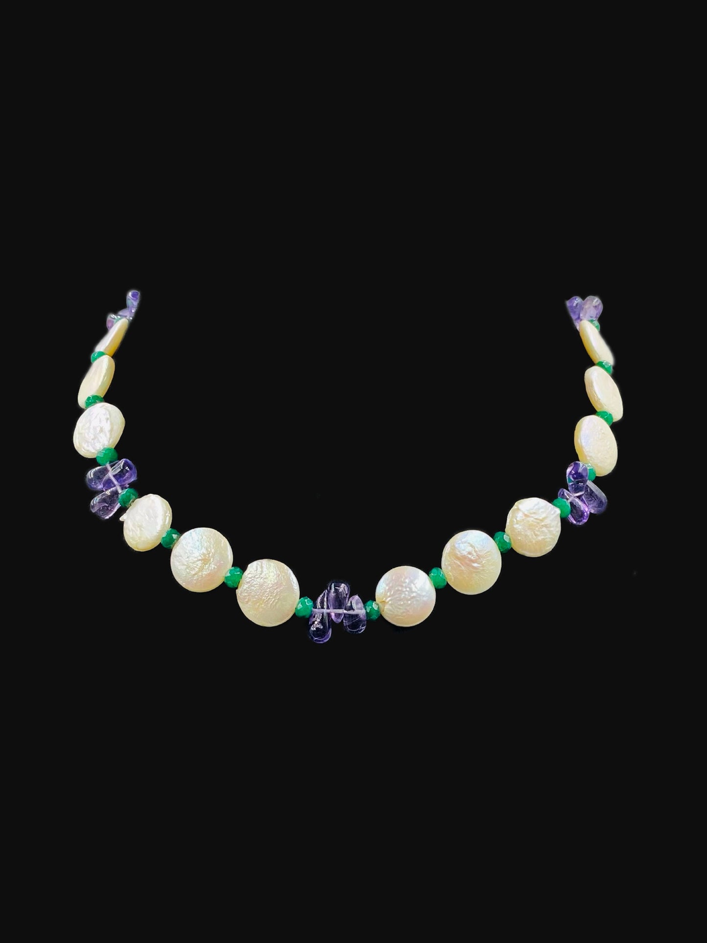 Freshwater Pearl Coin Necklace with semiprecious Amethyst beads.