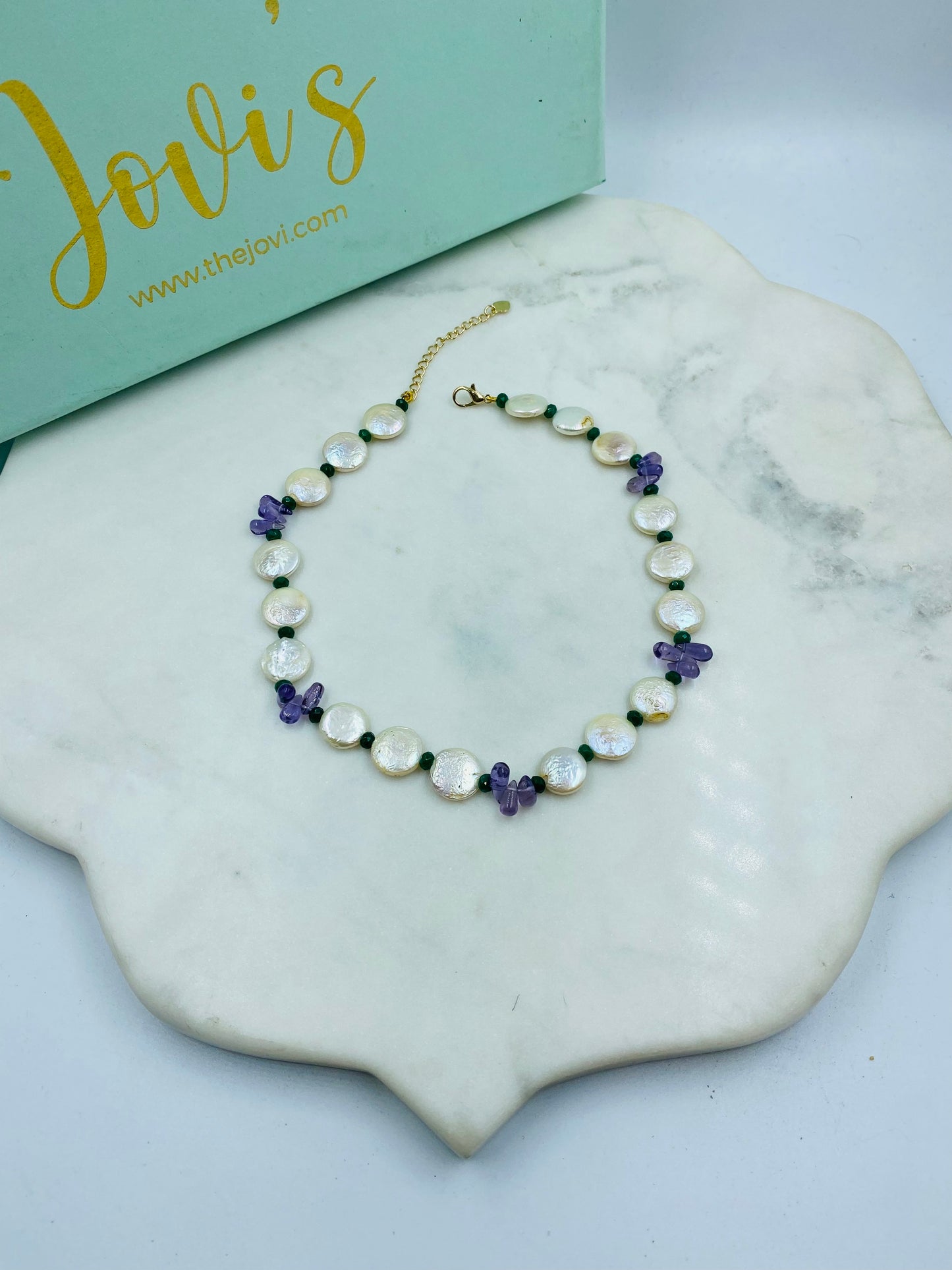 Freshwater Pearl Coin Necklace with semiprecious Amethyst beads.