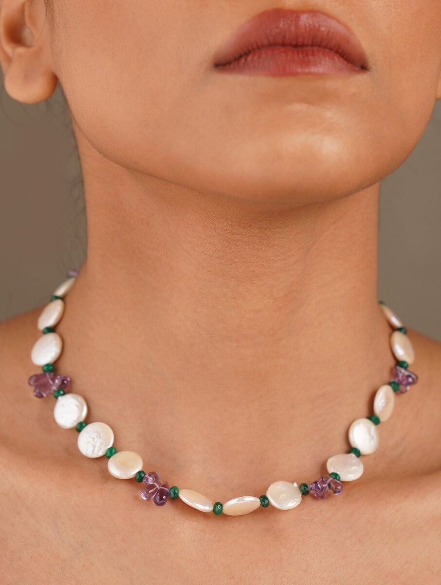 Freshwater Pearl Coin Necklace with semiprecious Amethyst beads.