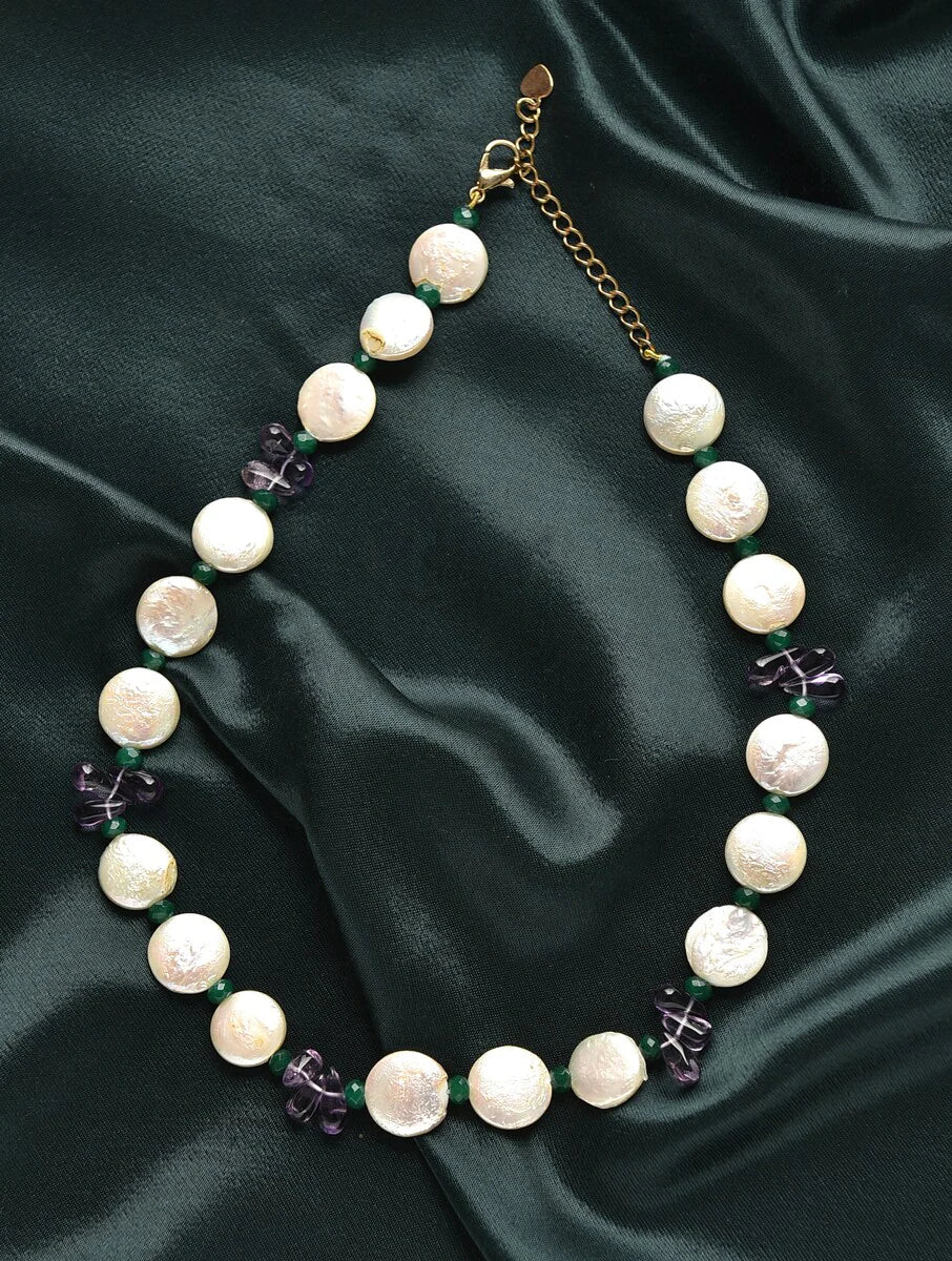 Freshwater Pearl Coin Necklace with semiprecious Amethyst beads.