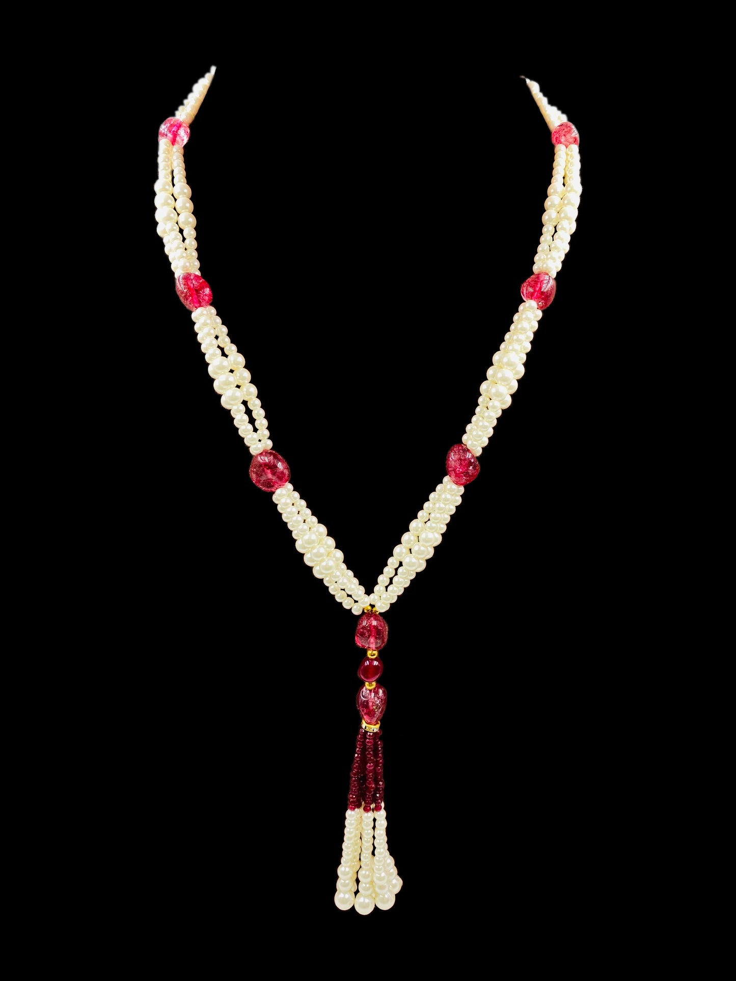 Shell Pearl and Red Quartz Long Tassel Necklace