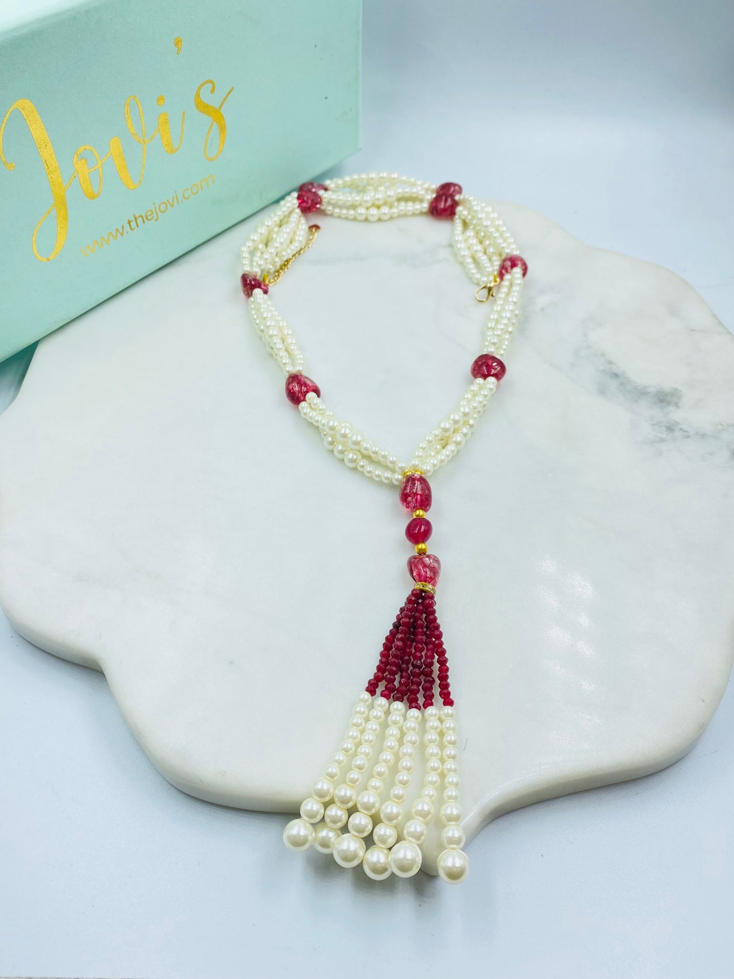 Shell Pearl and Red Quartz Long Tassel Necklace