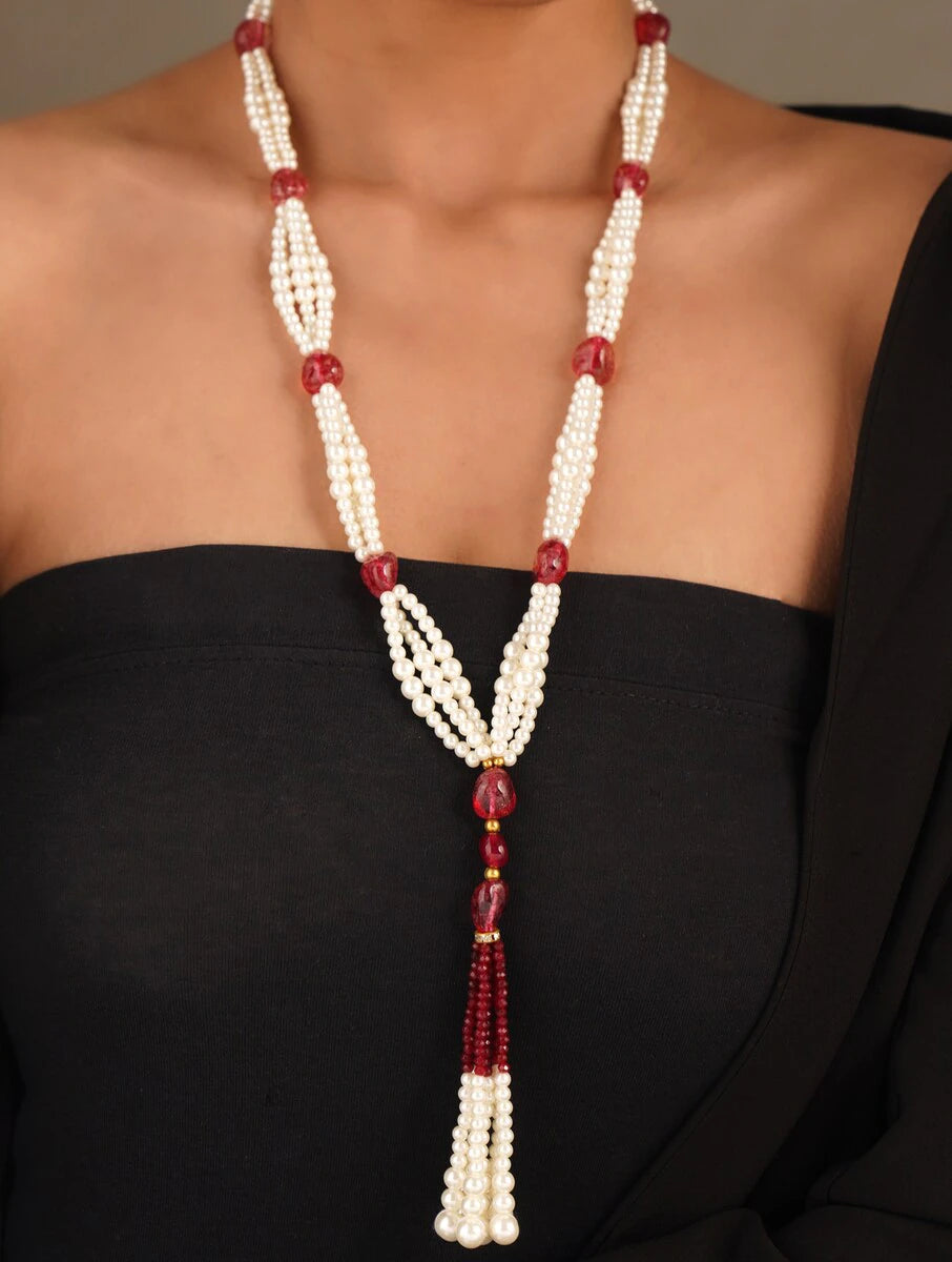 Shell Pearl and Red Quartz Long Tassel Necklace