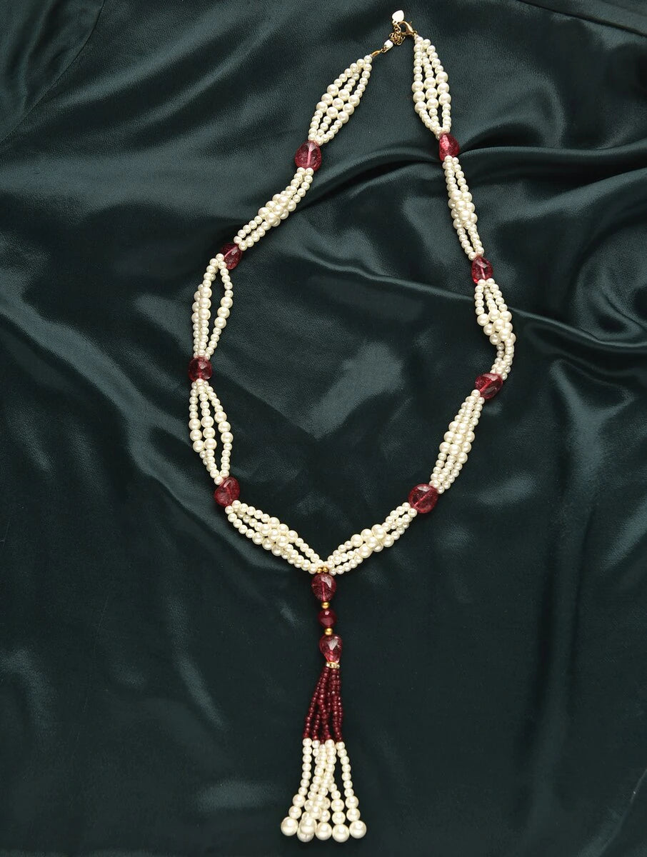 Shell Pearl and Red Quartz Long Tassel Necklace