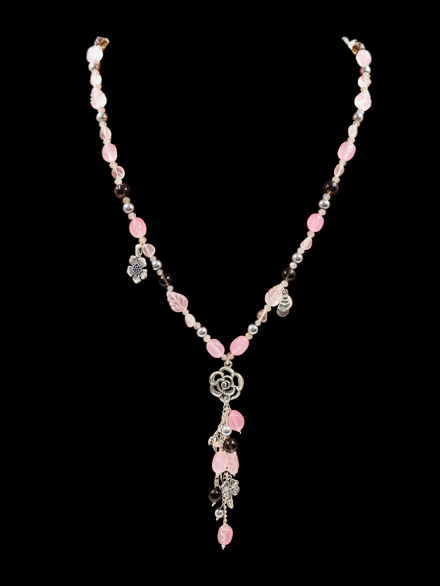 Semiprecious Rose Quartz and Smoky Topaz Charm Necklace