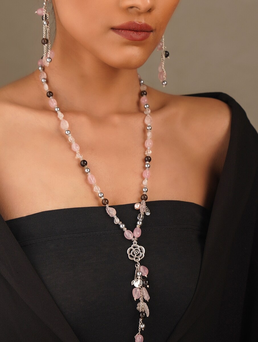 Semiprecious Rose Quartz and Smoky Topaz Charm Necklace