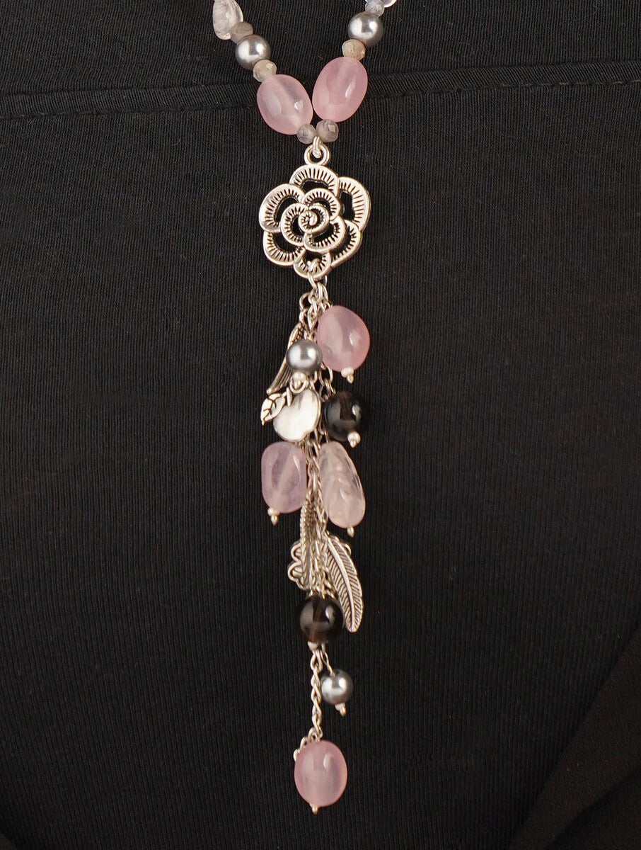 Semiprecious Rose Quartz and Smoky Topaz Charm Necklace