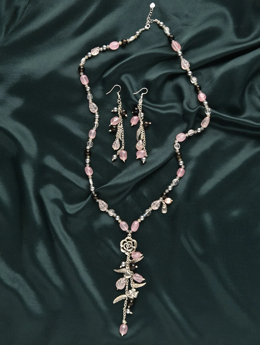 Semiprecious Rose Quartz and Smoky Topaz Charm Necklace