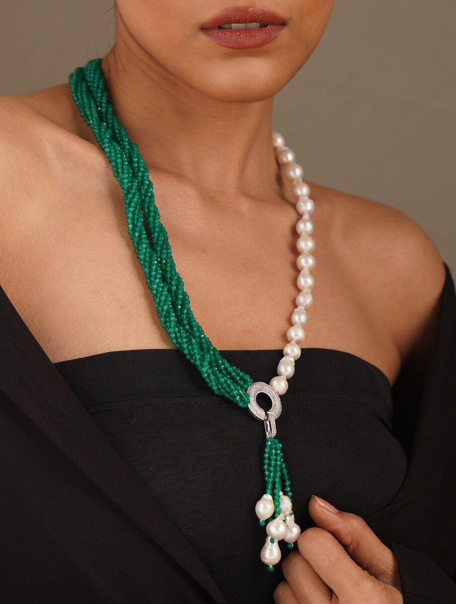 Twisted Green Onyx and Freshwater Pearl Crystal Necklace