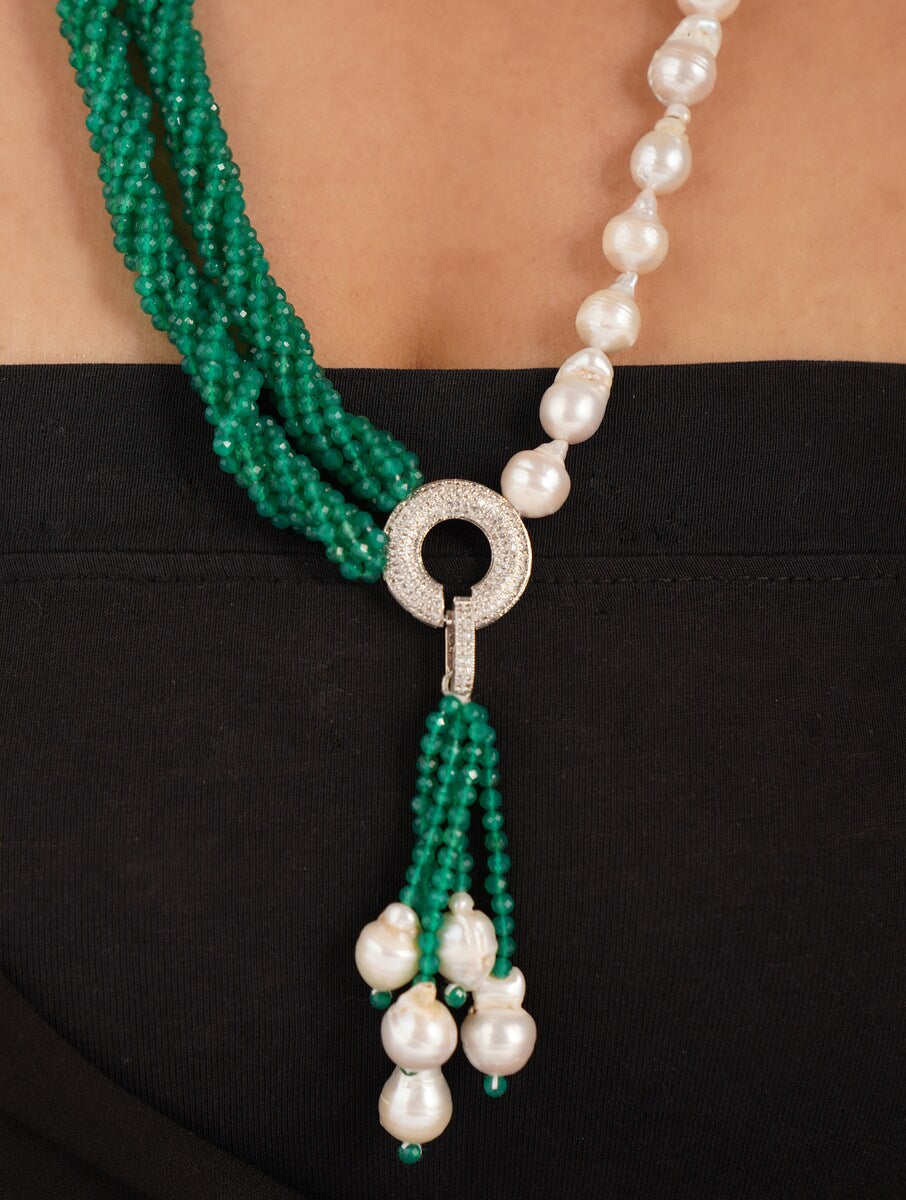 Twisted Green Onyx and Freshwater Pearl Crystal Necklace