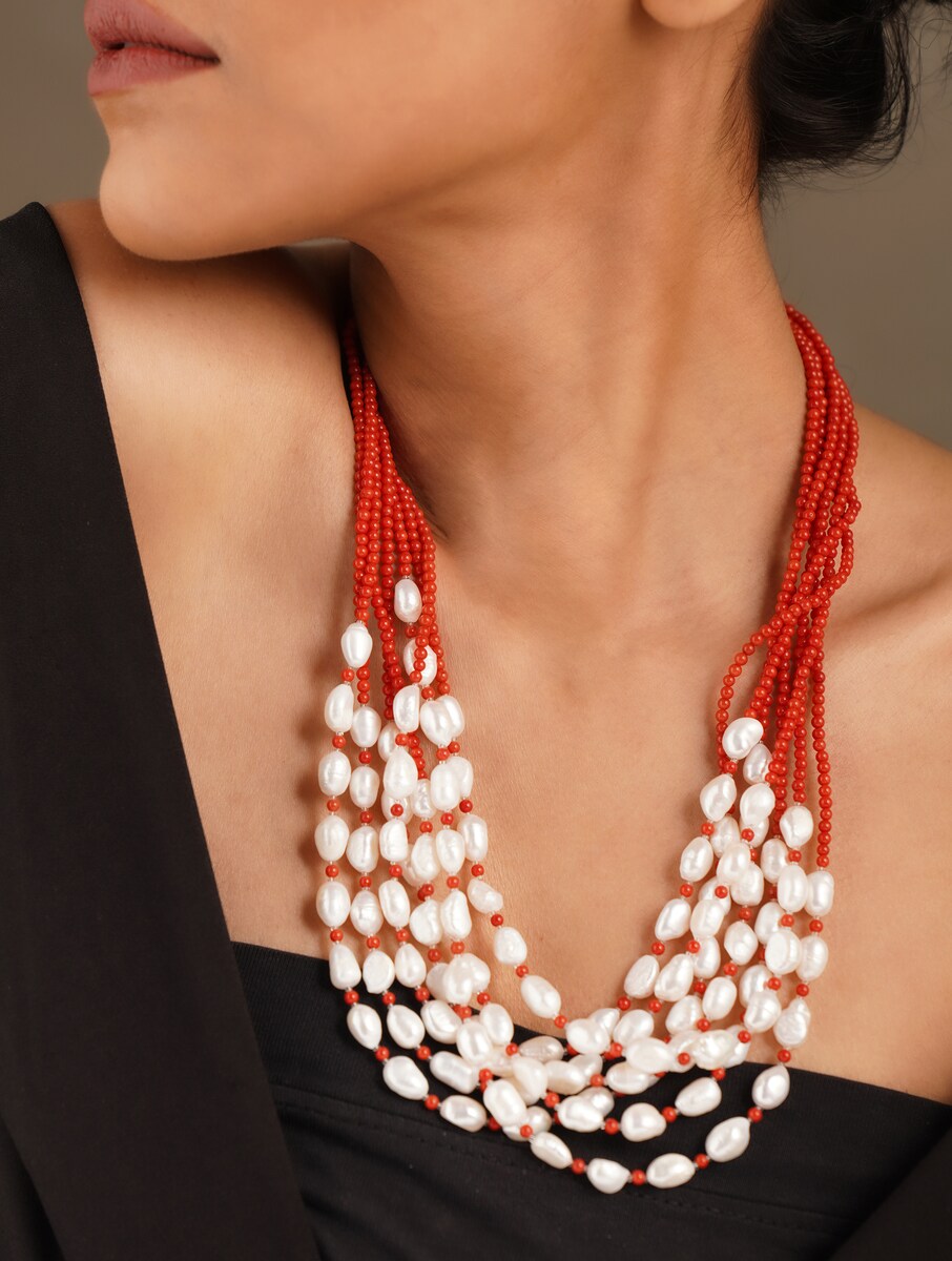 Freshwater Pearl and Orange Quart Multiline Necklace