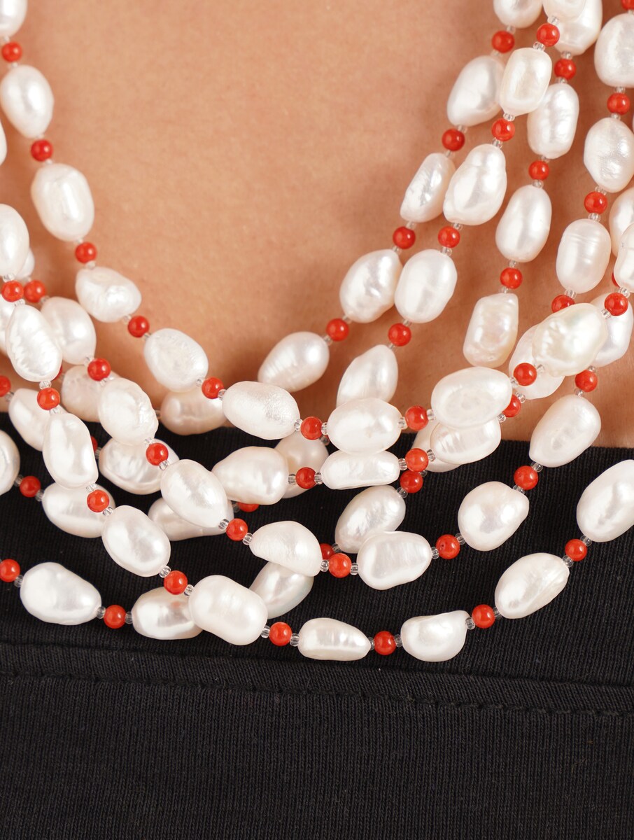 Freshwater Pearl and Orange Quart Multiline Necklace