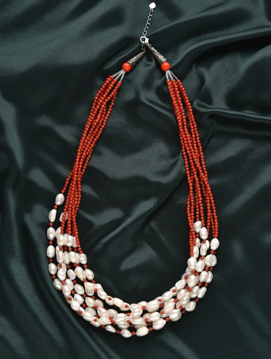 Freshwater Pearl and Orange Quart Multiline Necklace