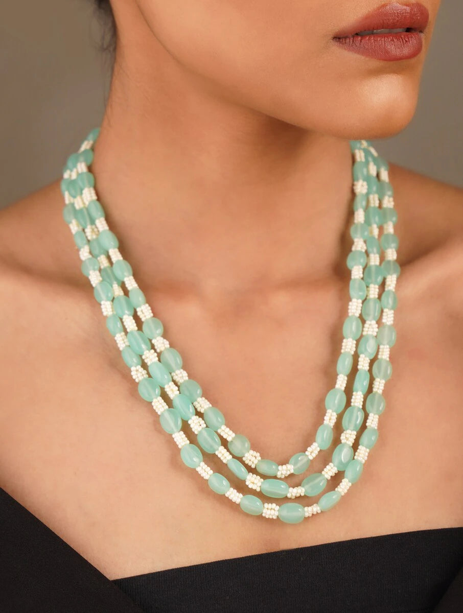 Multi Line Mint Quartz and Shell Pearl Necklace