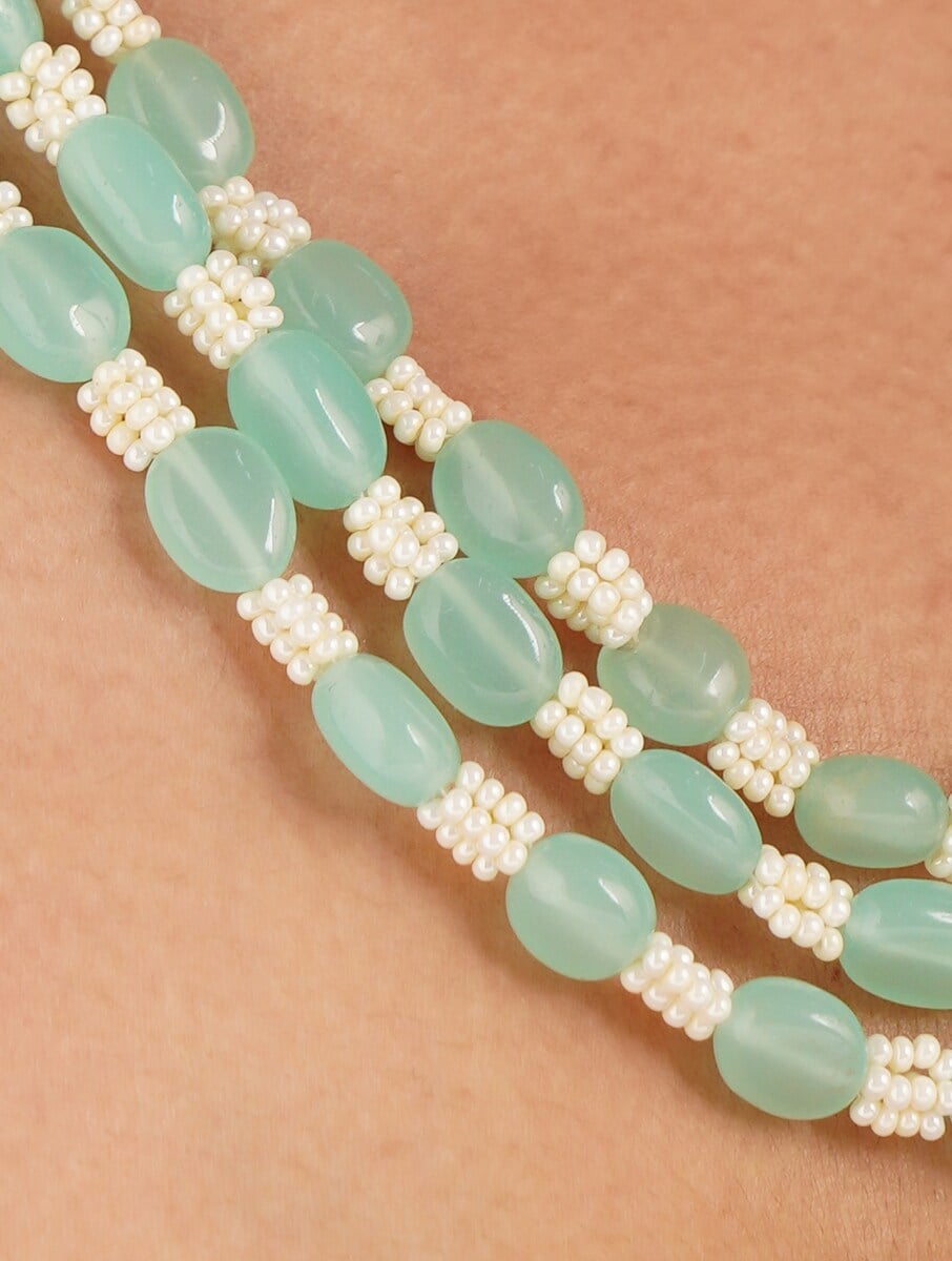 Multi Line Mint Quartz and Shell Pearl Necklace