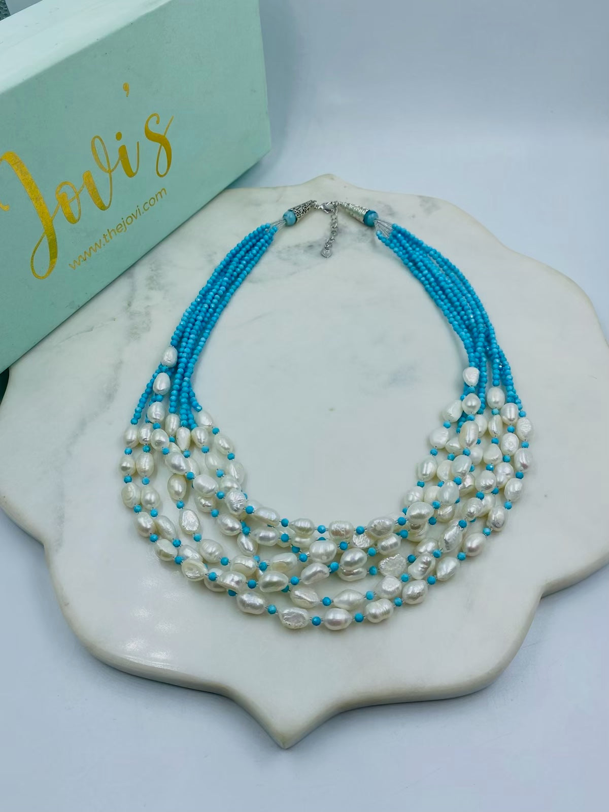 Blue Turquoise and Freshwater Pearl Multiline Necklace