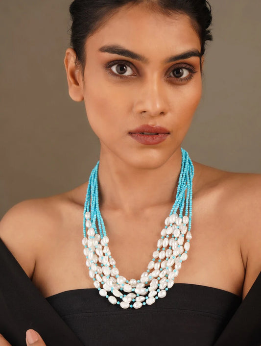 Blue Turquoise and Freshwater Pearl Multiline Necklace