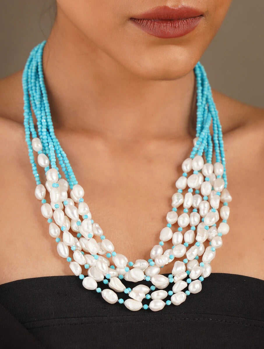 Blue Turquoise and Freshwater Pearl Multiline Necklace