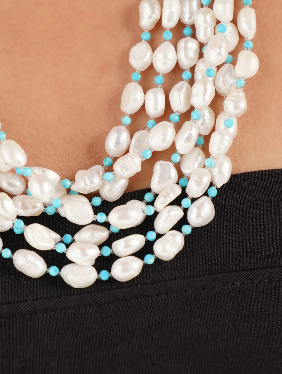 Blue Turquoise and Freshwater Pearl Multiline Necklace