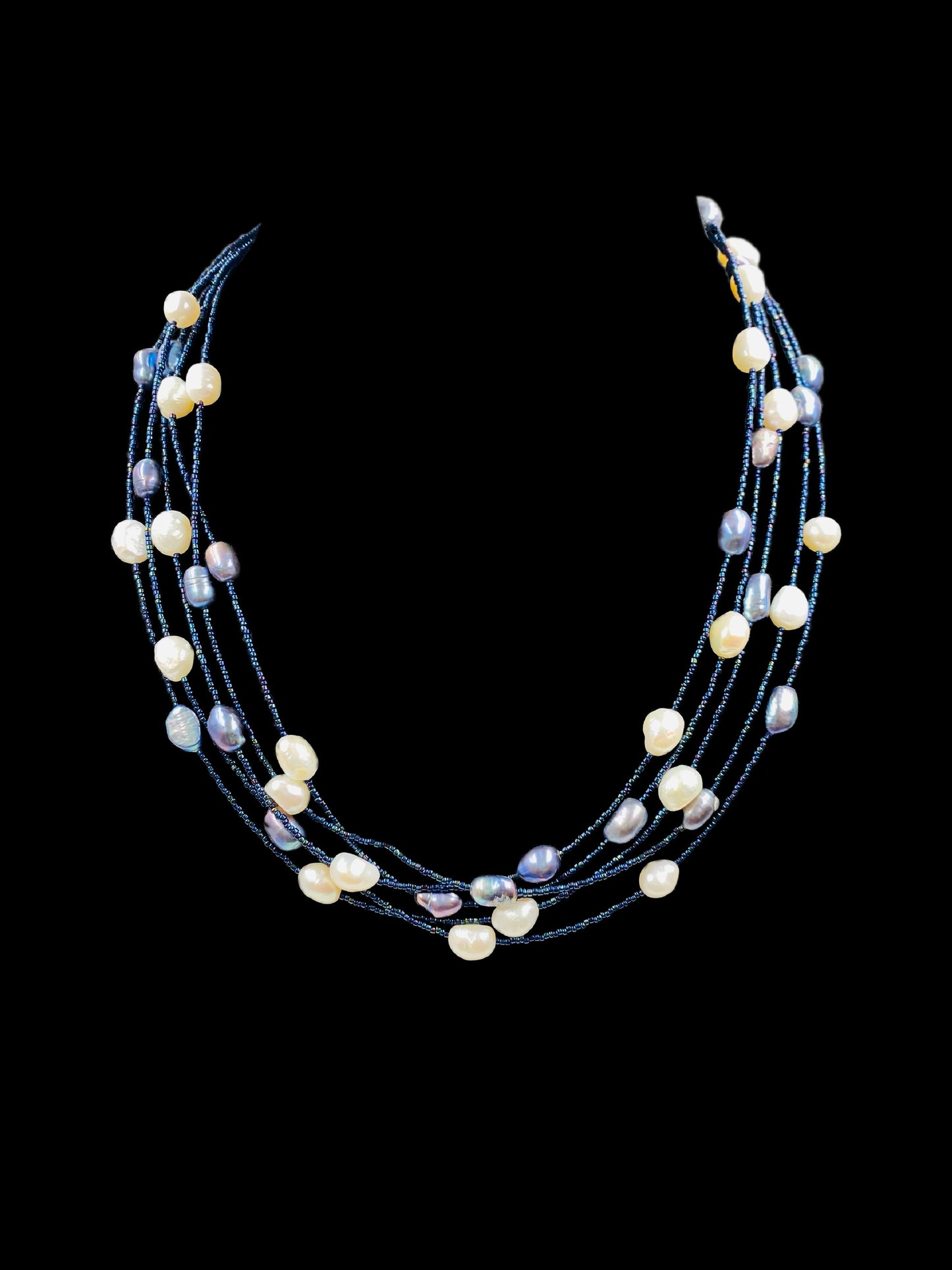 Freshwater Pearls and Blue Beads Multiline Necklace