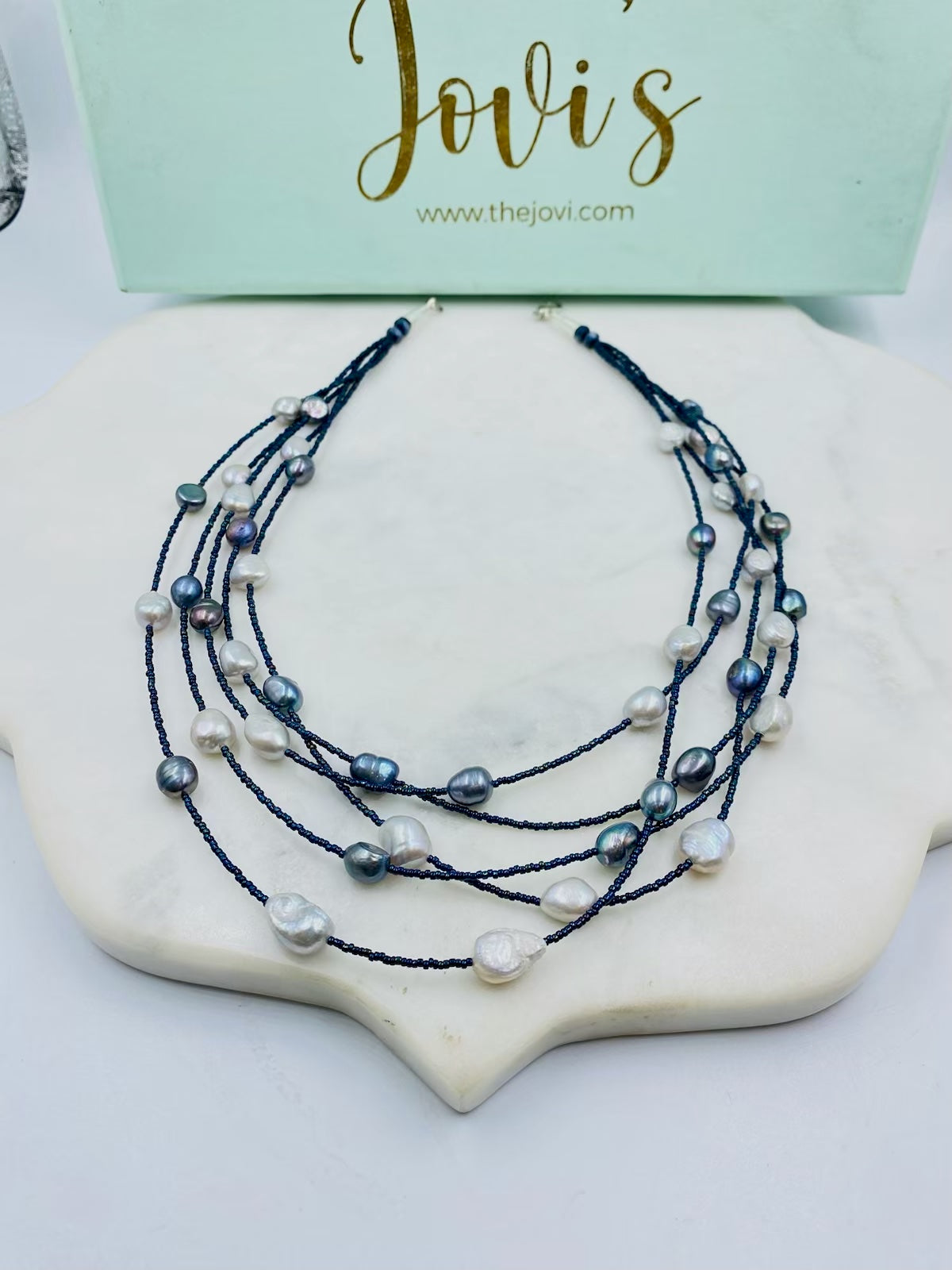 Freshwater Pearls and Blue Beads Multiline Necklace