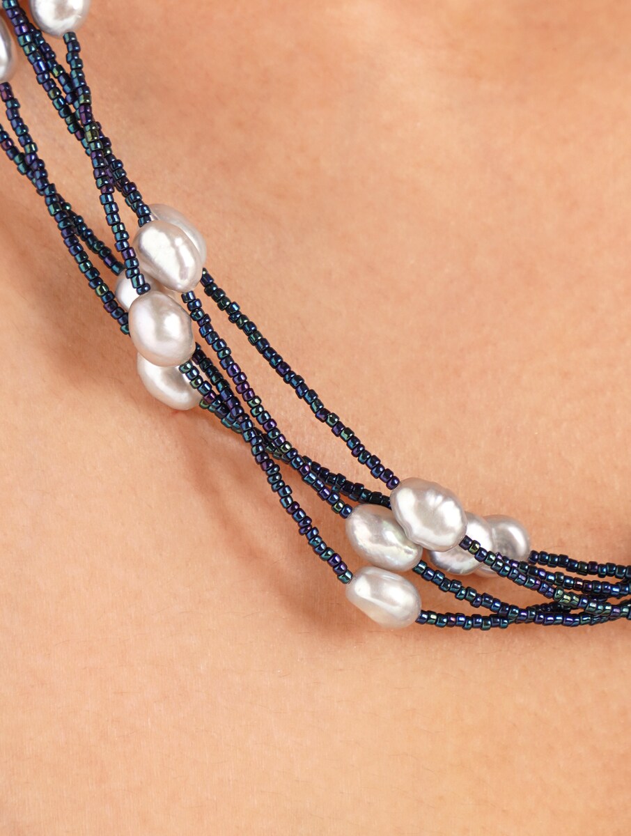 Freshwater Pearls and Blue Beads Multiline Necklace