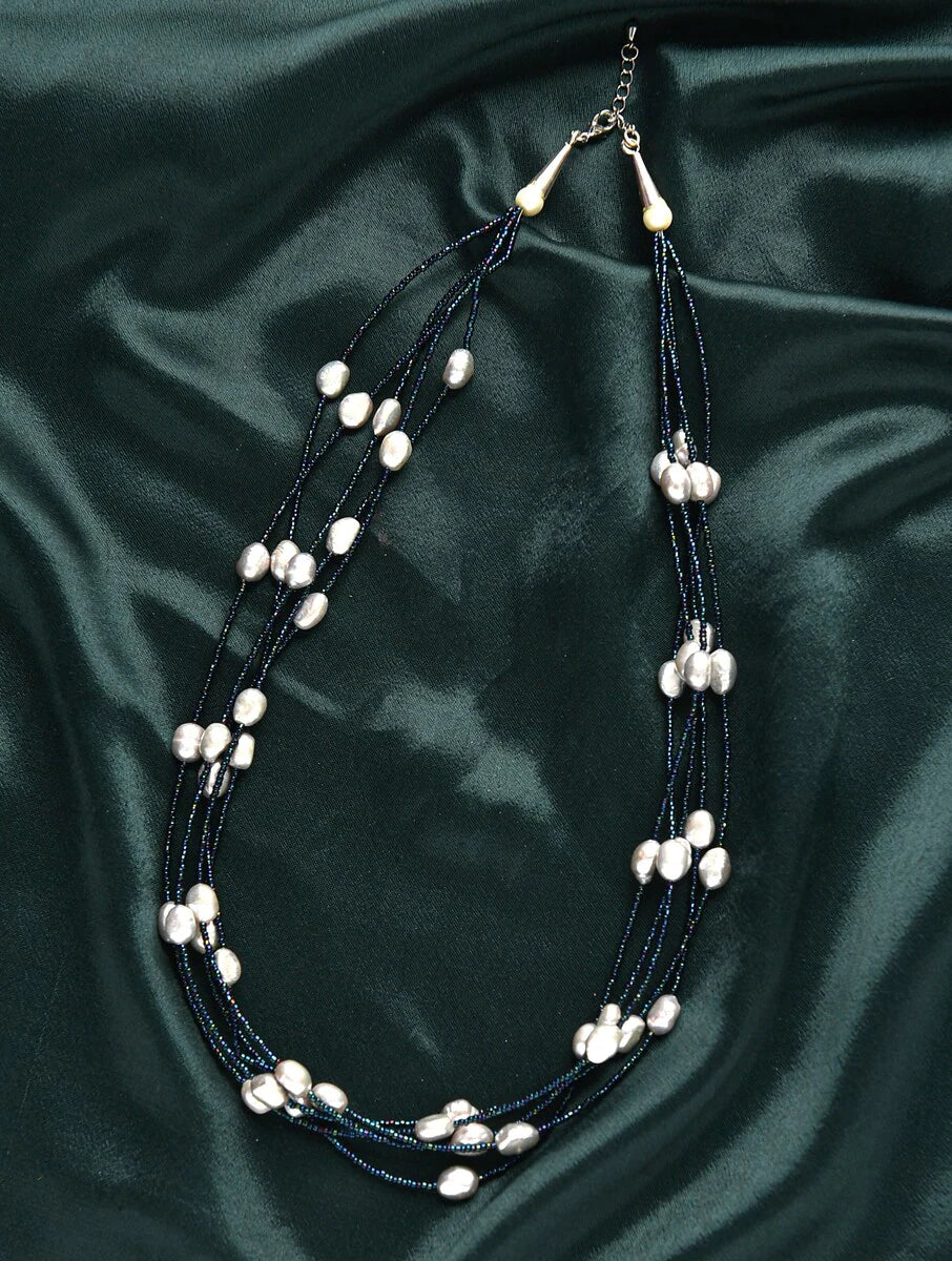 Freshwater Pearls and Blue Beads Multiline Necklace