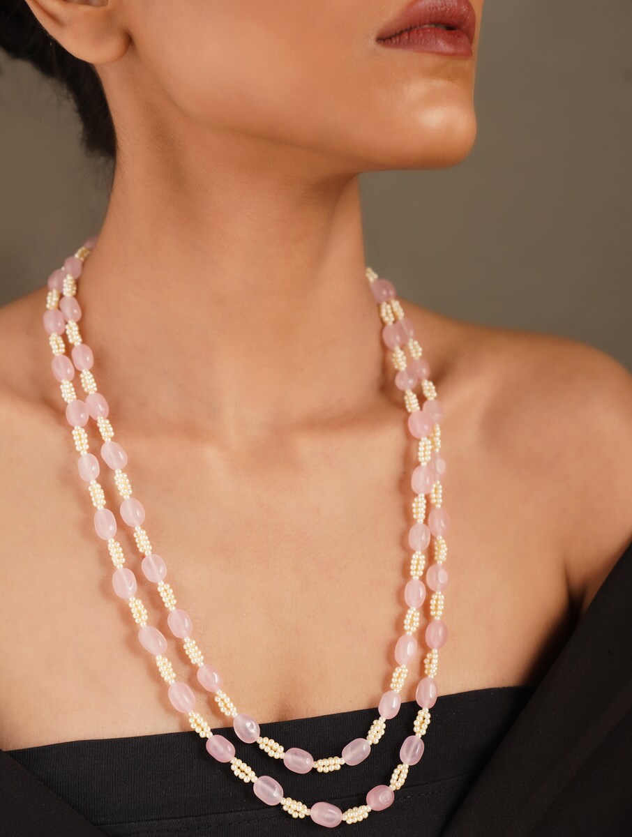 Rose Quartz and Pearl Double Line Necklace