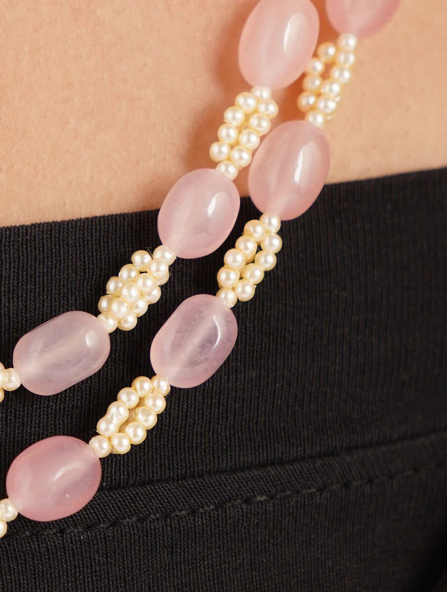 Rose Quartz and Pearl Double Line Necklace