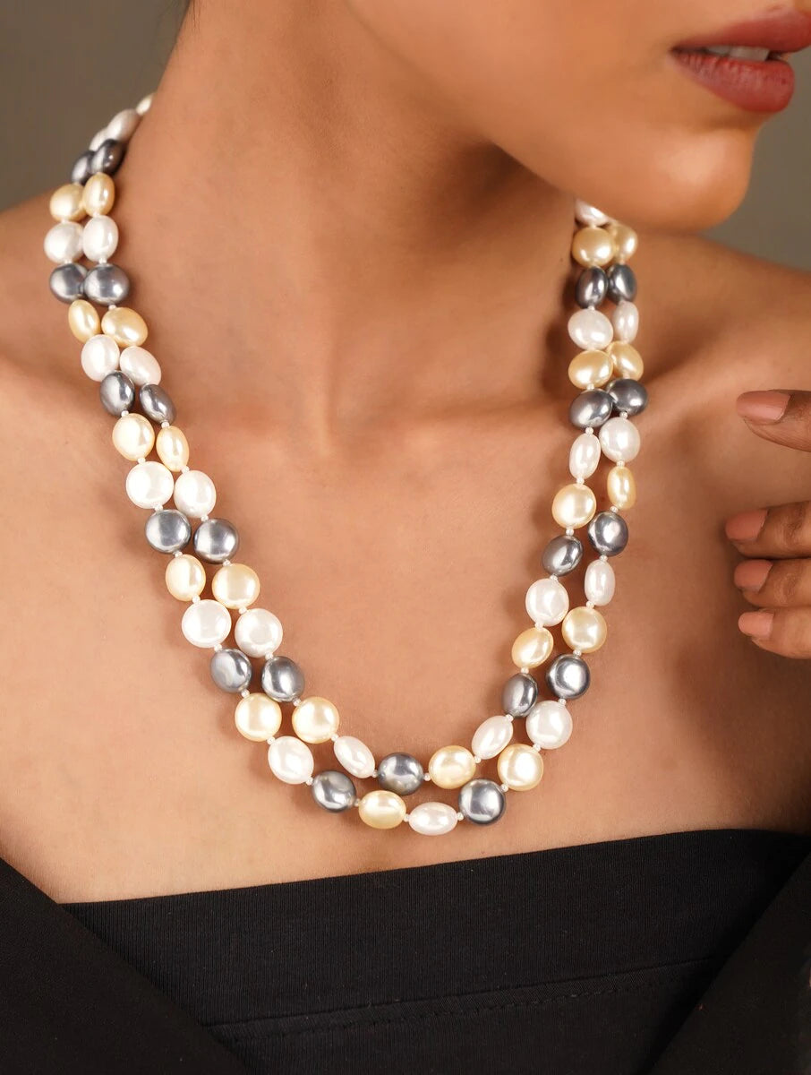 Double Line Multicolor Coin Shell Pearl Necklace