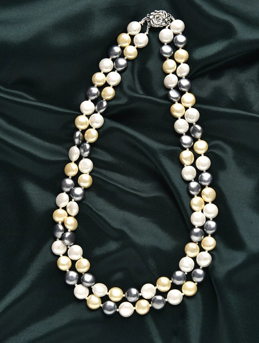 Double Line Multicolor Coin Shell Pearl Necklace