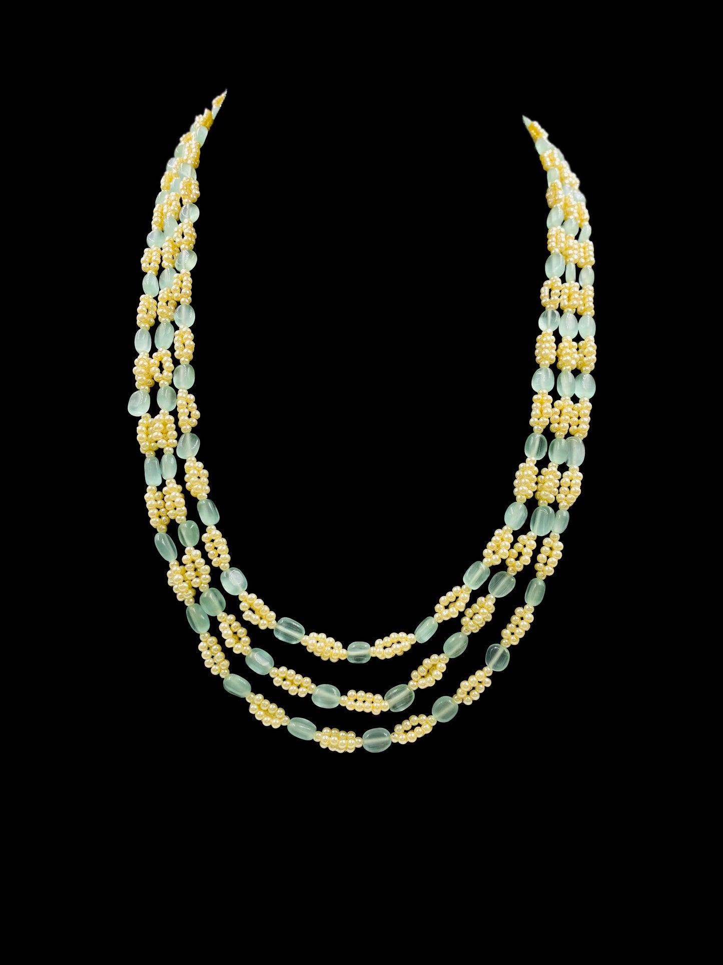 Triple Line Mint Quartz and Shell Pearl Necklace