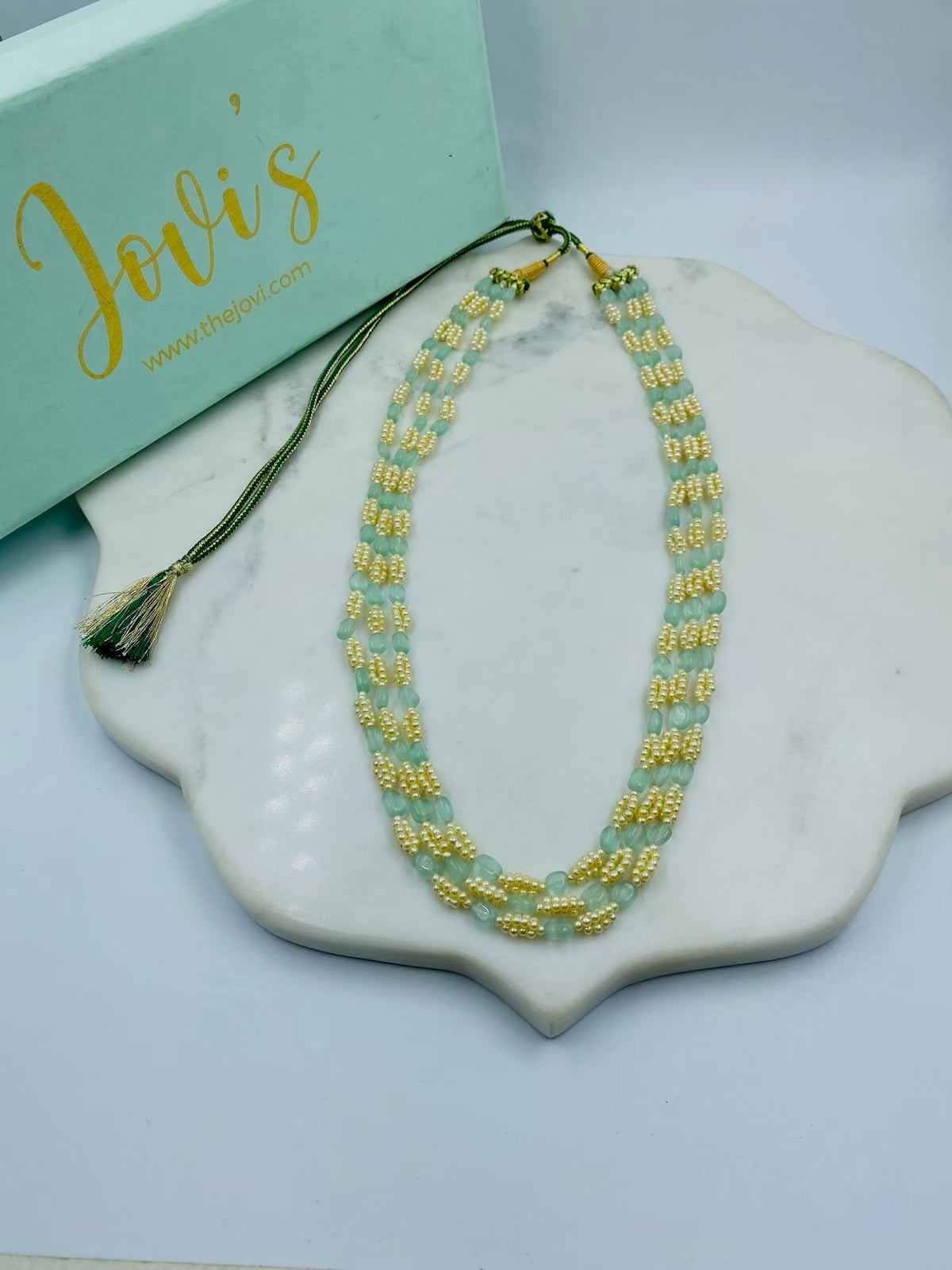 Triple Line Mint Quartz and Shell Pearl Necklace