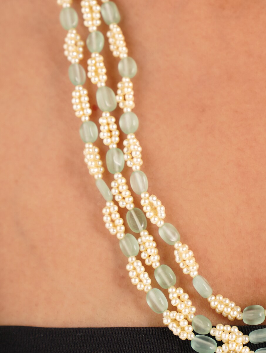 Triple Line Mint Quartz and Shell Pearl Necklace