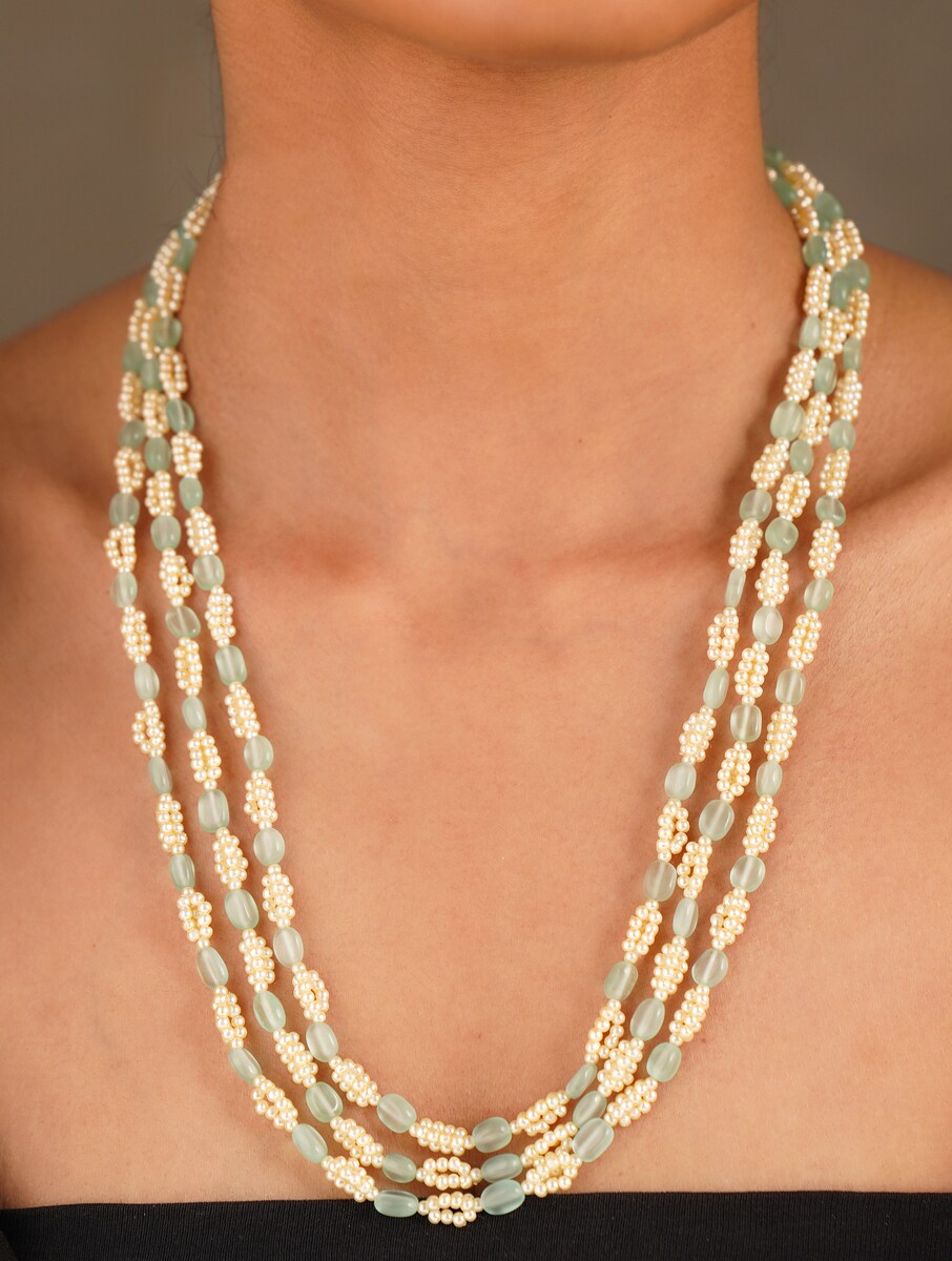 Triple Line Mint Quartz and Shell Pearl Necklace